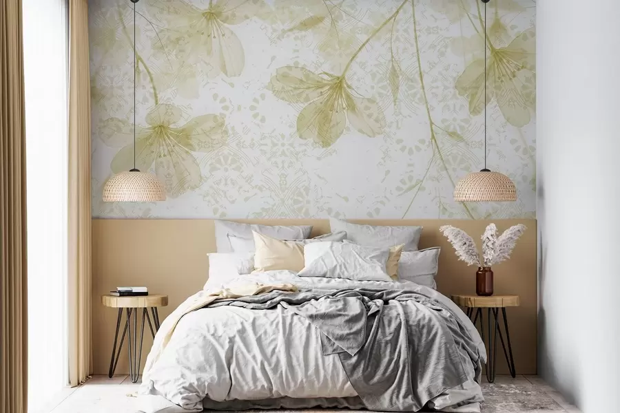 Fototapetes Smalki dzelteni un balti ziedi ar gariem kātiņiem un ziedlapiņām uz mīksta, izplūduša faktūras fona w08588v2