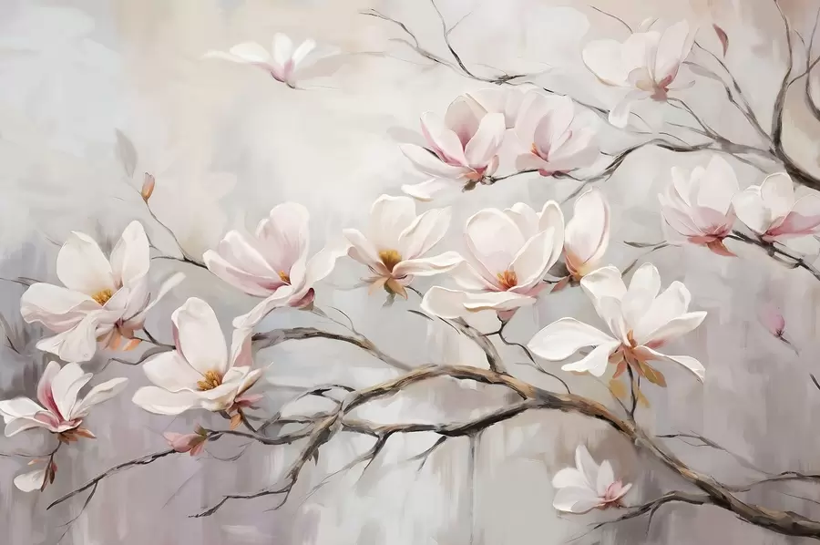 Fototapetes Smalki rozā magnolijas ziedi uz kailiem koku zariem uz maiga, miglaina fona w08589