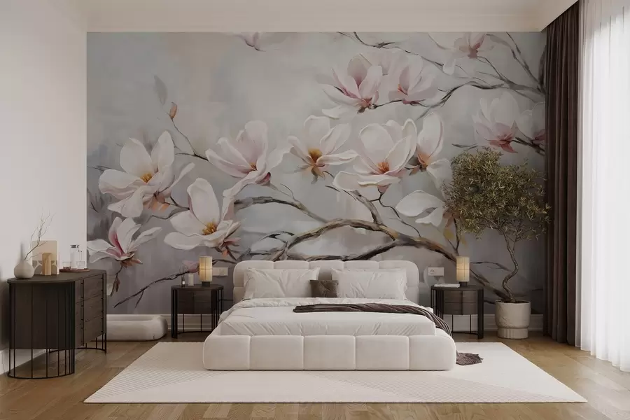 Fototapetes Smalki rozā magnolijas ziedi uz kailiem koku zariem uz maiga, miglaina fona w08589