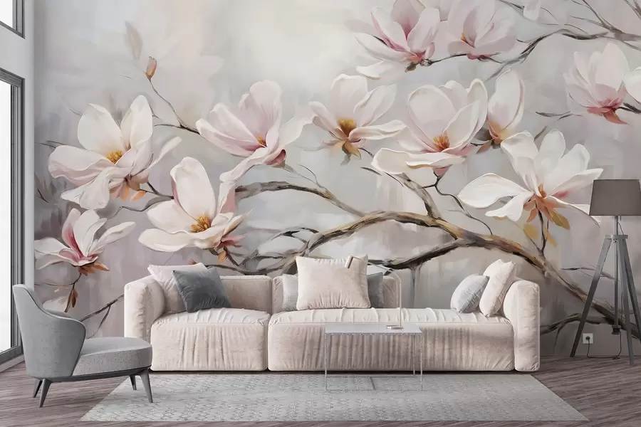 Fototapetes Smalki rozā magnolijas ziedi uz kailiem koku zariem uz maiga, miglaina fona w08589