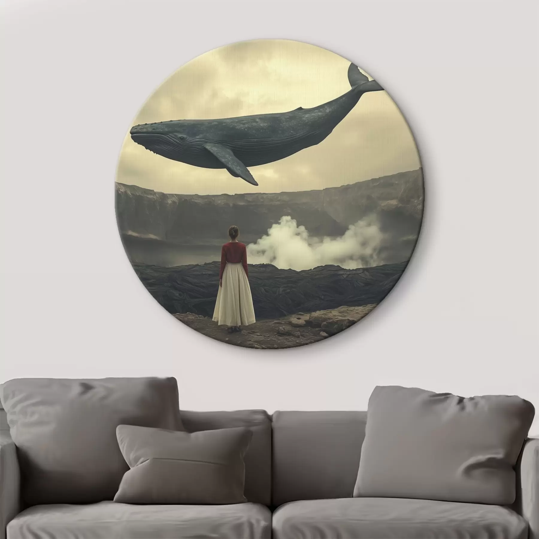 Glezna Meitene uz lavas ar lielu lidojošu vaļu debesīs r40986