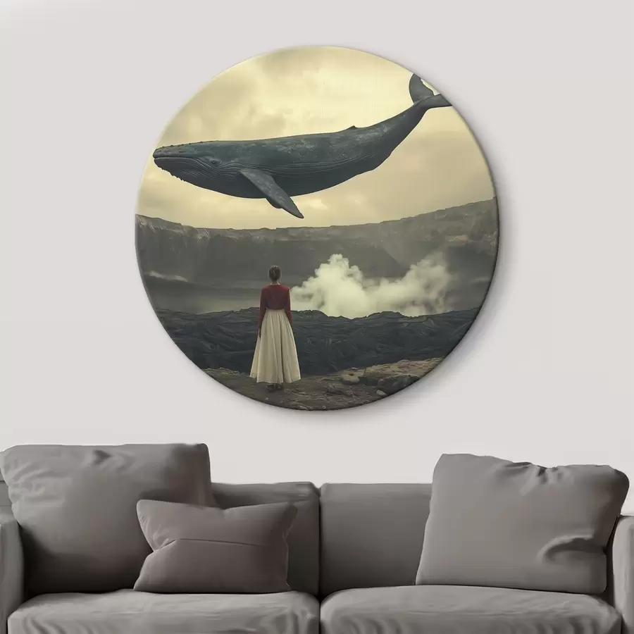 Glezna Meitene uz lavas ar lielu lidojošu vaļu debesīs r40986