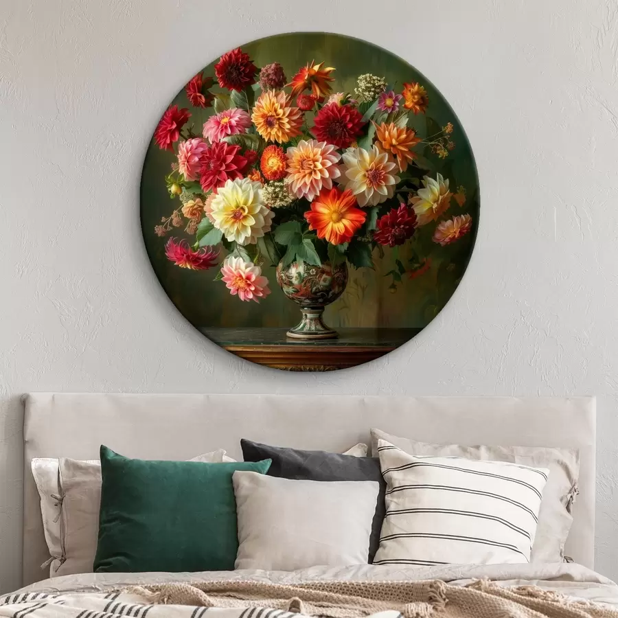 Glezna Sulīgs krizantēmu pušķis vāzē uz tumši zaļa fona r41001