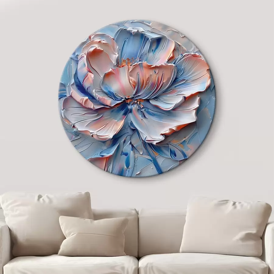 Glezna Liels zieds ar drosmīgiem otas triepieniem zilā un persiku krāsā r41004