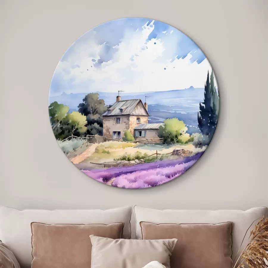 Glezna Lauku māja ar kalniem fonā pie lavandu lauka r41012
