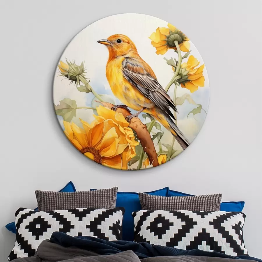 Glezna Dzeltens putns sēž uz saulespuķes akvarelis r41015