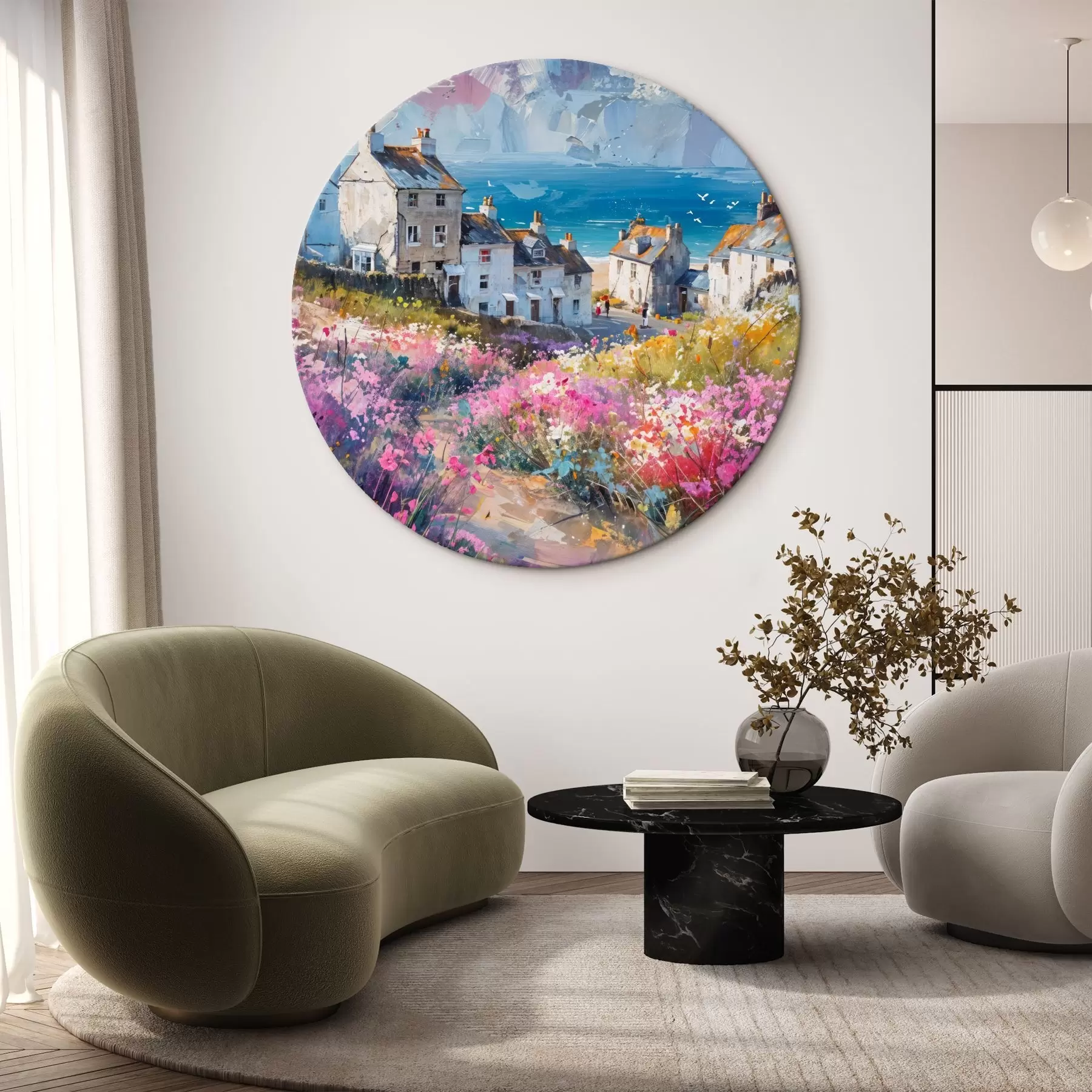 Glezna Krāsaina eļļas glezna, kurā attēlota piejūras pilsēta ar baltām mājām un košu puķu dārzu priekšplānā r41090