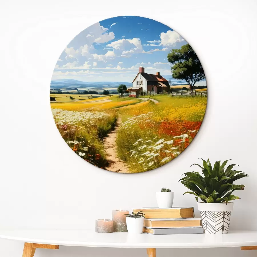 Glezna ceļš ziedošā laukā un māja r41109