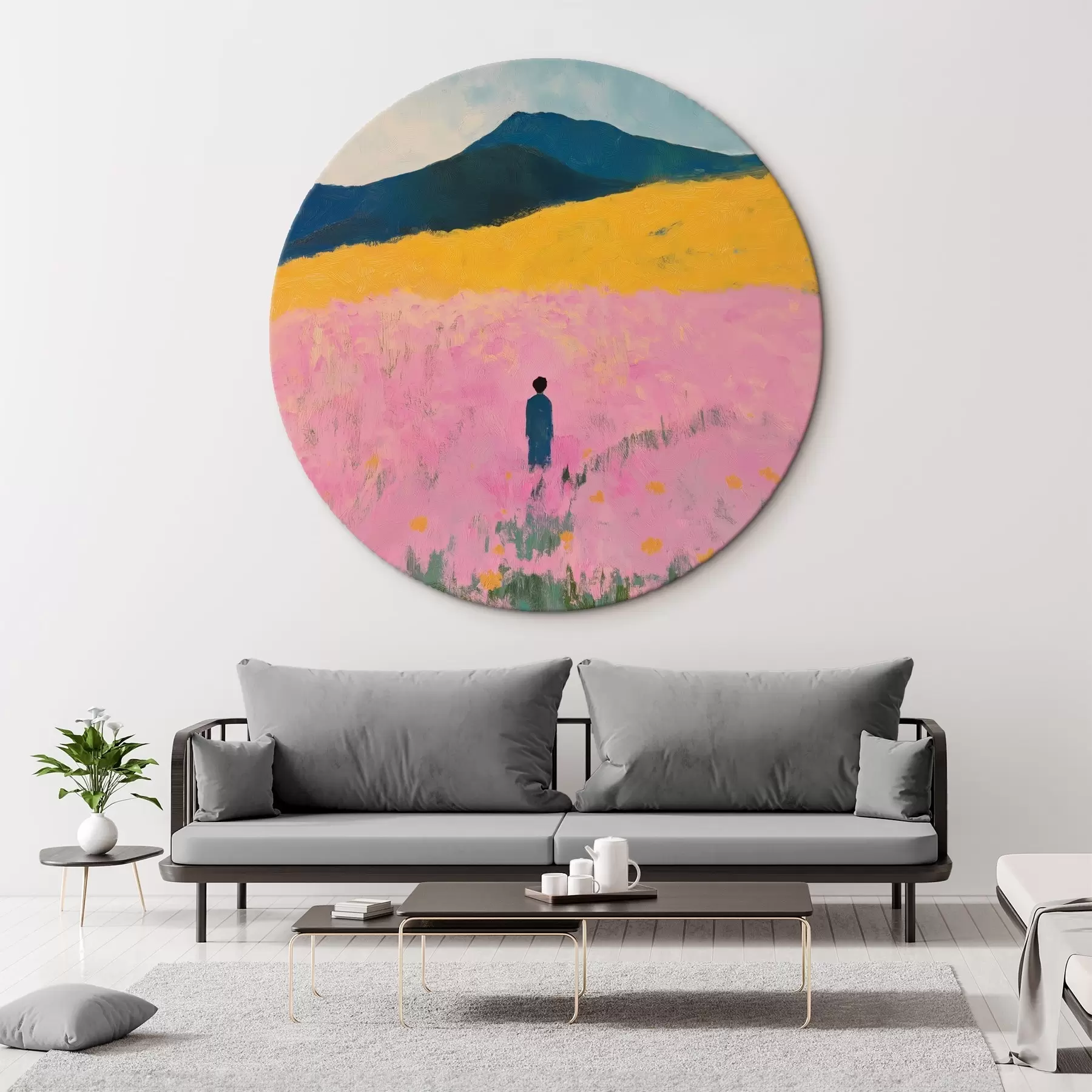 Glezna Vīrietis laukā ar rozā ziediem r41164