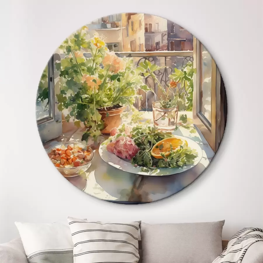 Glezna Akvareļu vakariņas, pilsētas skats, ziedi, daba, zaļie salāti r41166