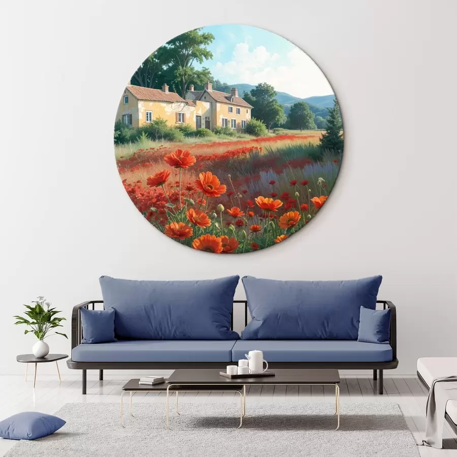 Glezna Priekšplānā - spilgti sarkanu magoņu lauks, bet fonā - apburošu dzeltenu un baltu māju rinda r41260