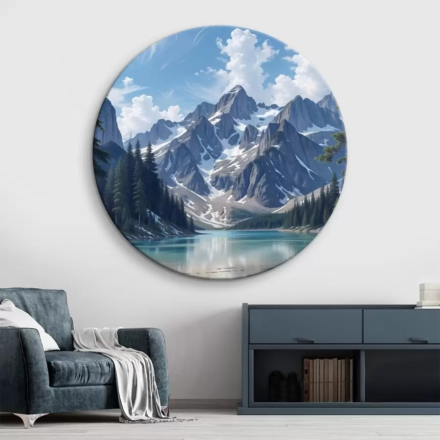 Glezna Klusais Alpu ezers, ko ieskauj majestātiski sniegotie kalni, ar blīvu mežu un mākoņainām debesīm r41264