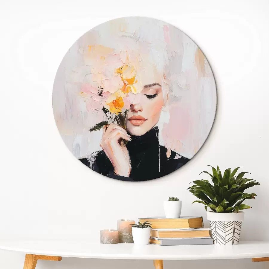 Glezna Abstrakta sieviete ar ziedu pušķi rokās ar otas triepieniem r41355