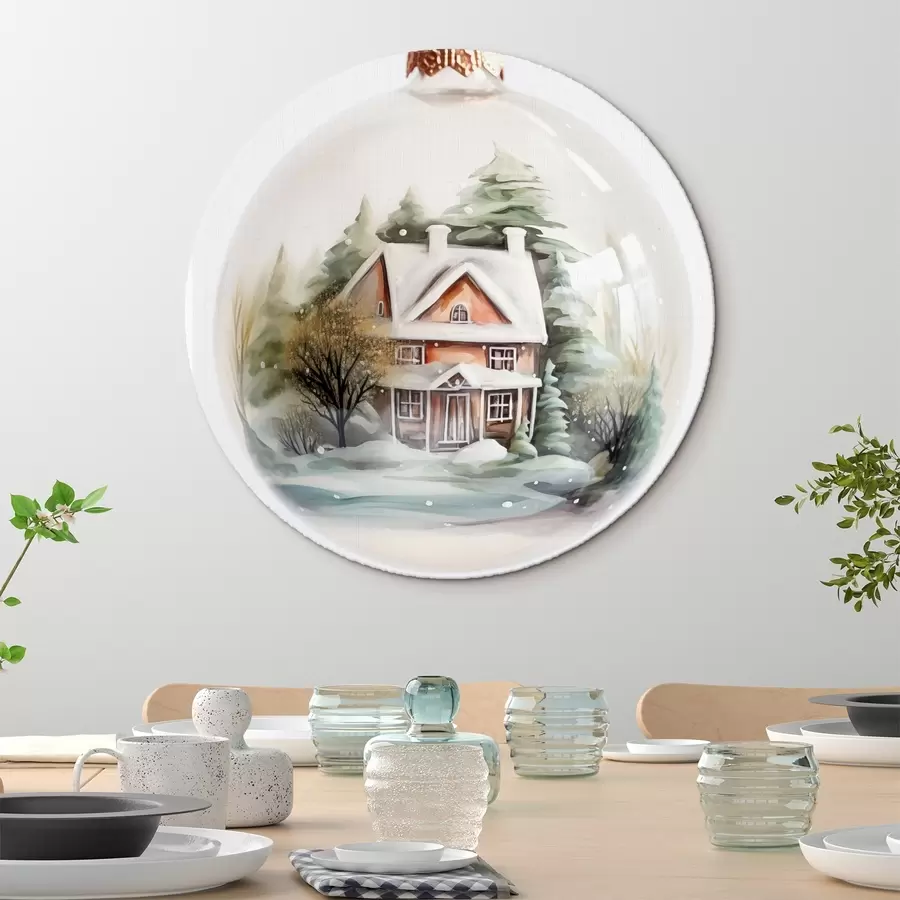 Glezna Kristāla bumba ar akvareļu māju un kokiem sniegā r41365