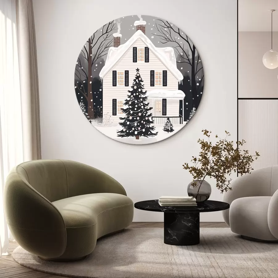 Glezna Ziemas pilsēta, izrotāta priede, Ziemassvētki, mežs, skaista māja r41371