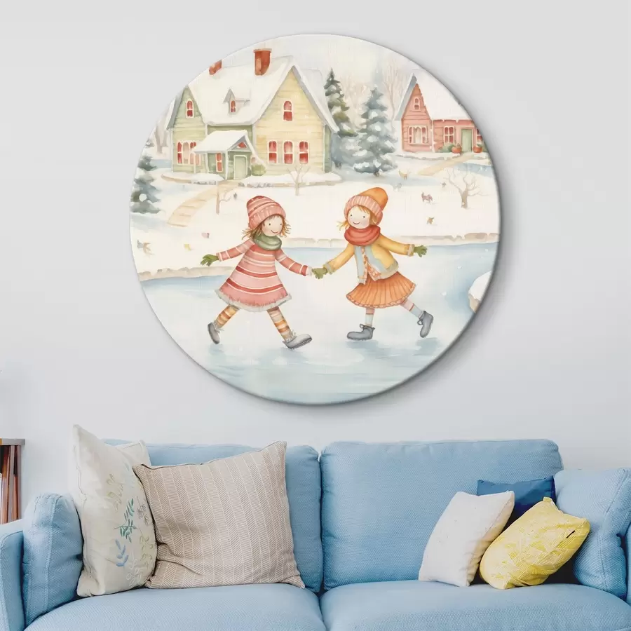 Glezna Ziemas aina ar divām meitenēm, kas slido, ziemas pilsēta, mājas, mežs r41377