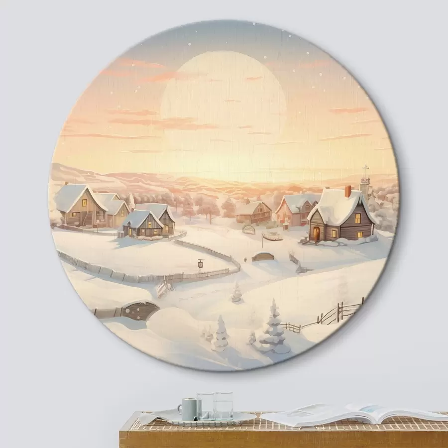 Glezna Ziemas ciemats saulrietā, mājas klātas ar sniegu, priedes r41380