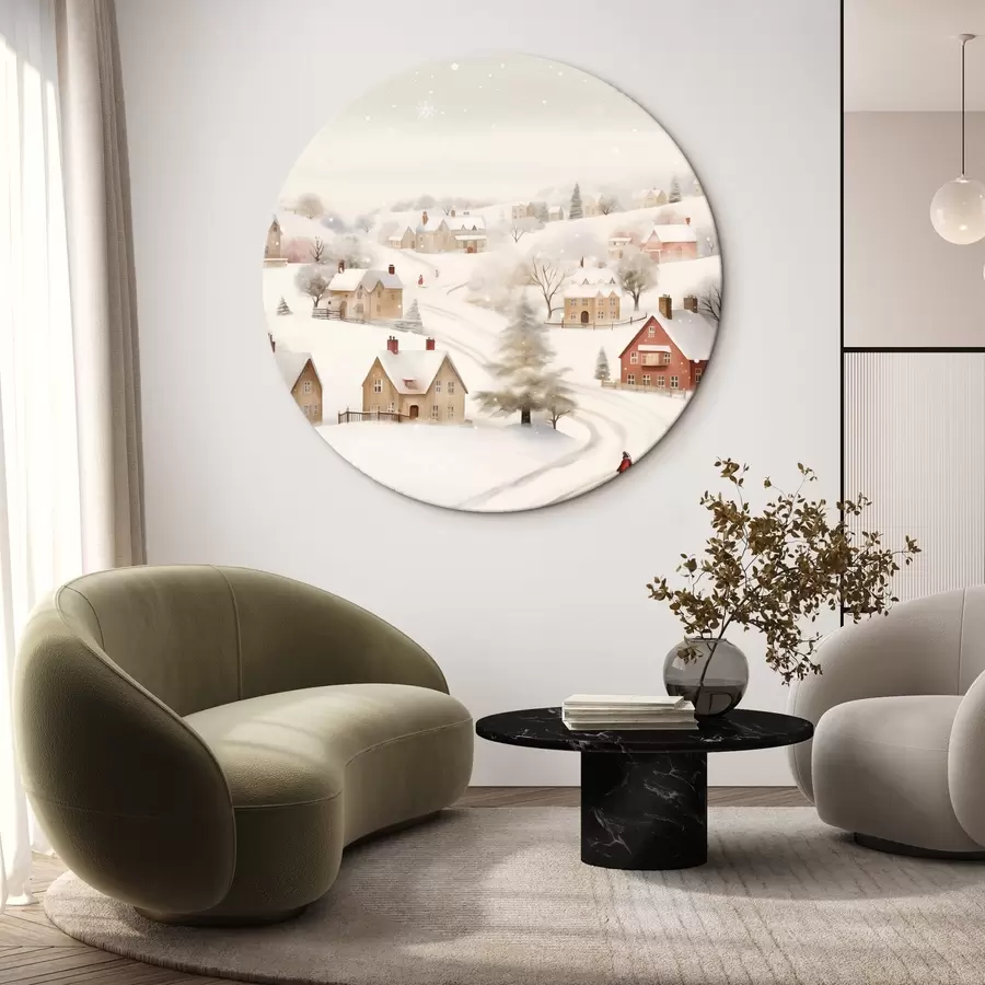 Glezna Ziemas ciems, akvarelis, sniegpārslas, maigas krāsas, koki, ainava r41381