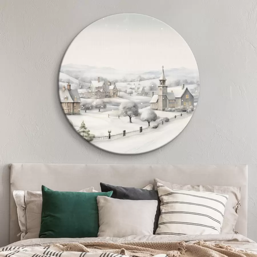 Glezna Skaists ziemas ciemats, koki, mājas, akvarelis, kalni r41382