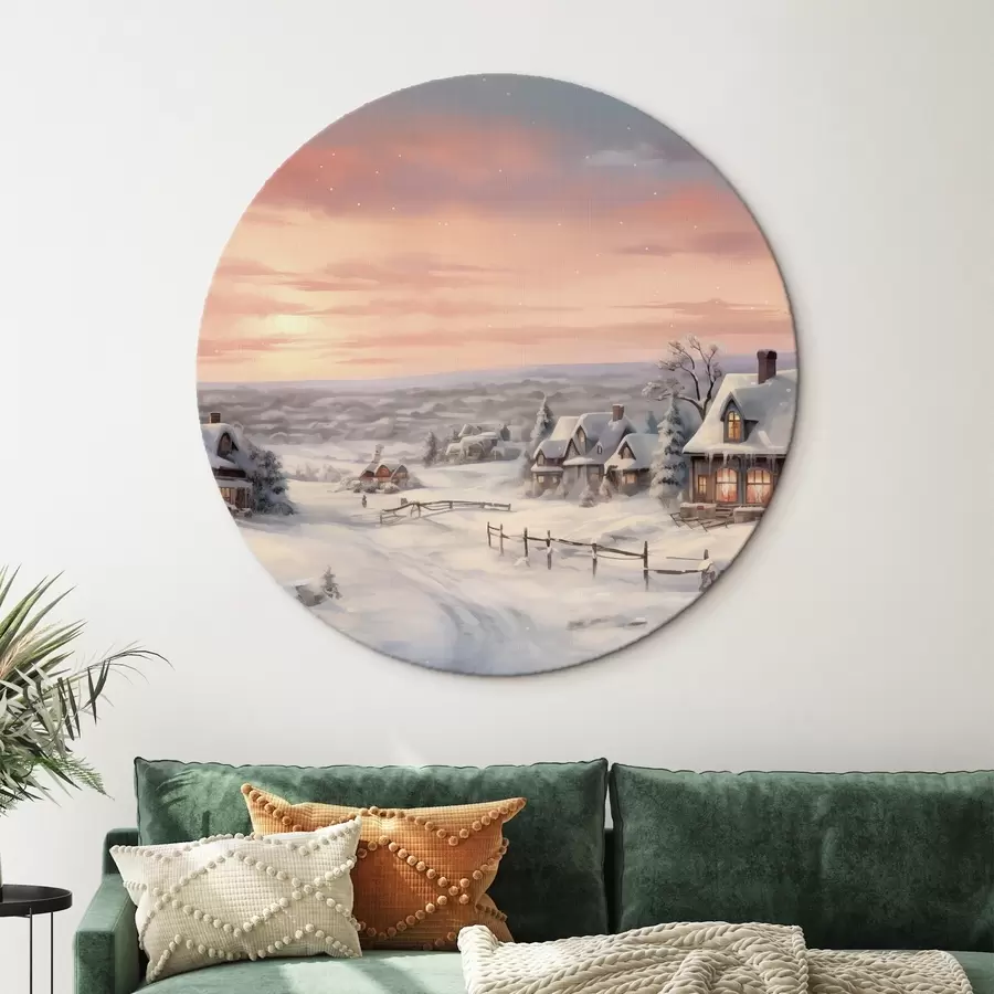 Glezna Saulriets ziemas ciematā, zemniecisks, akvarelis, sniegpārslas r41386