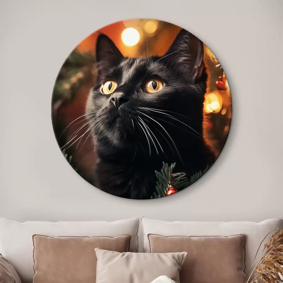 Glezna Melns kaķis uz Jaungada gaismu fona r41441