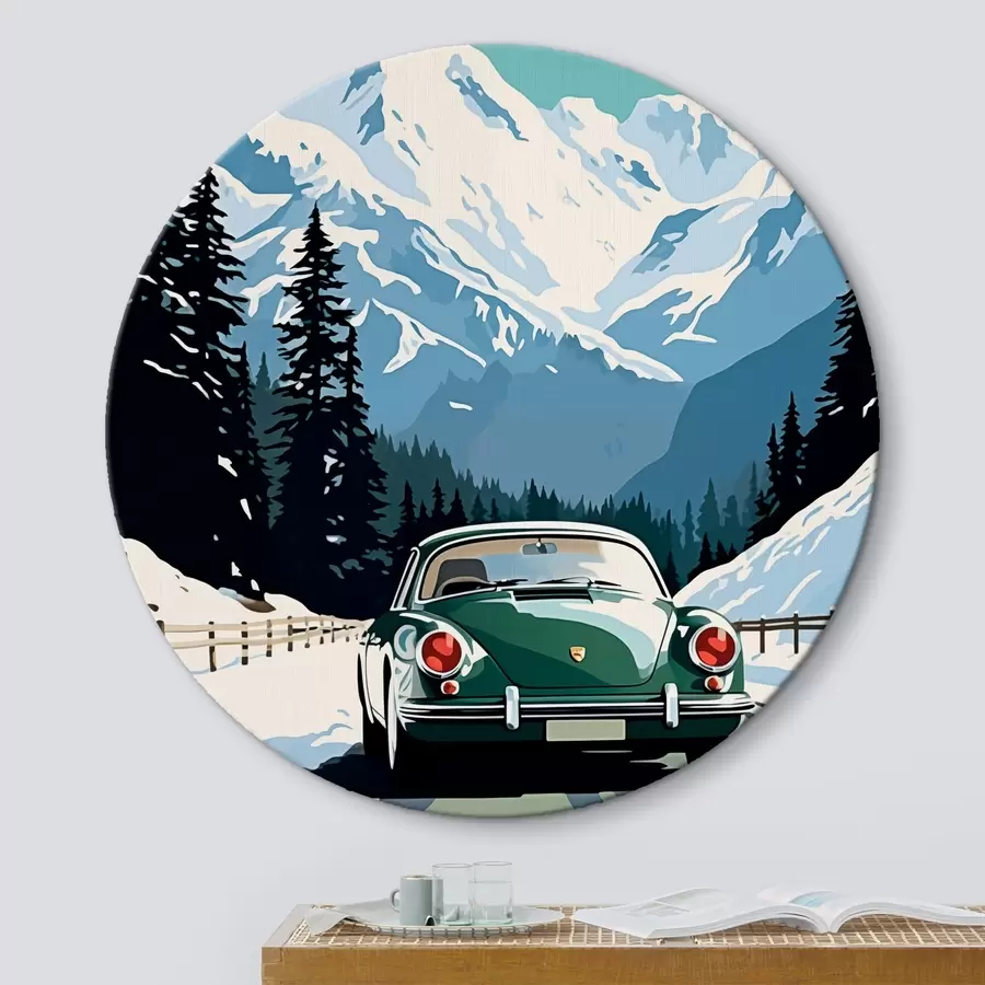 Glezna Retro auto uz ziemas kalnu ceļa r41478