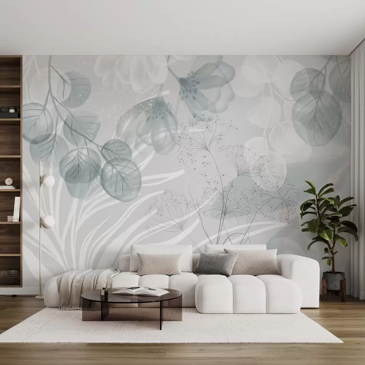 Fototapetes Eikalipta ziedu elementi zilos un baltos toņos ar pārklājošām lapām un ziedlapiņām minimālisma stilā w08599