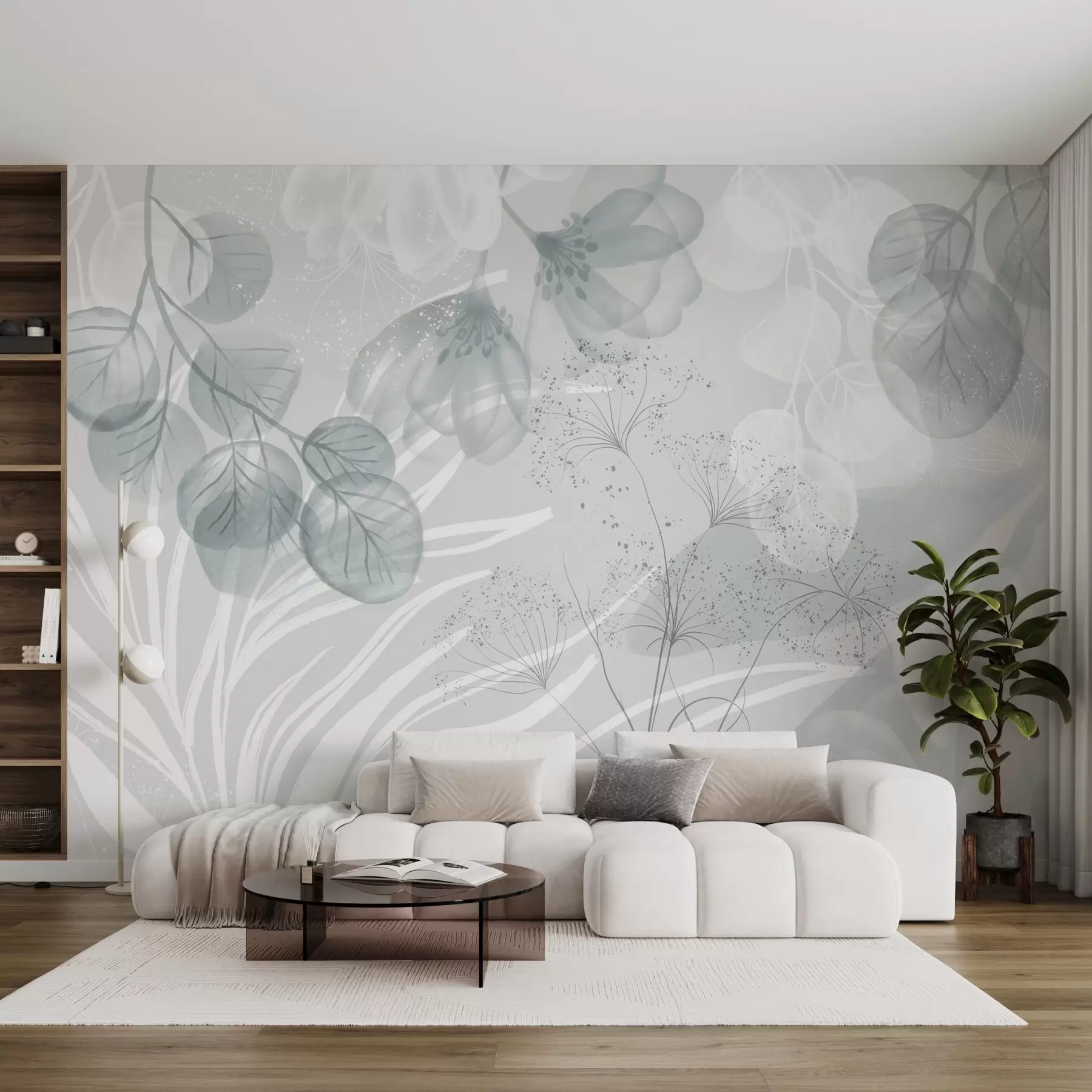 Fototapetes Eikalipta ziedu elementi zilos un baltos toņos ar pārklājošām lapām un ziedlapiņām minimālisma stilā w08599