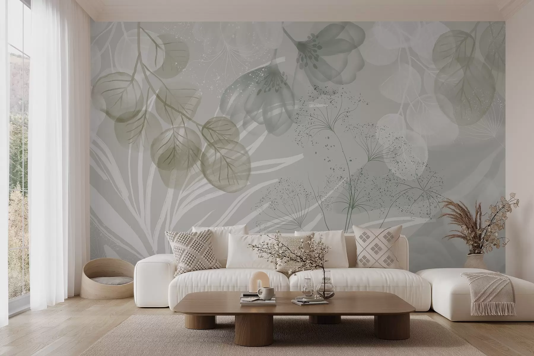 Fototapetes Eikalipta ziedu elementi zaļos un baltos toņos ar pārklājošām lapām un ziedlapiņām minimālisma stilā w08599v1