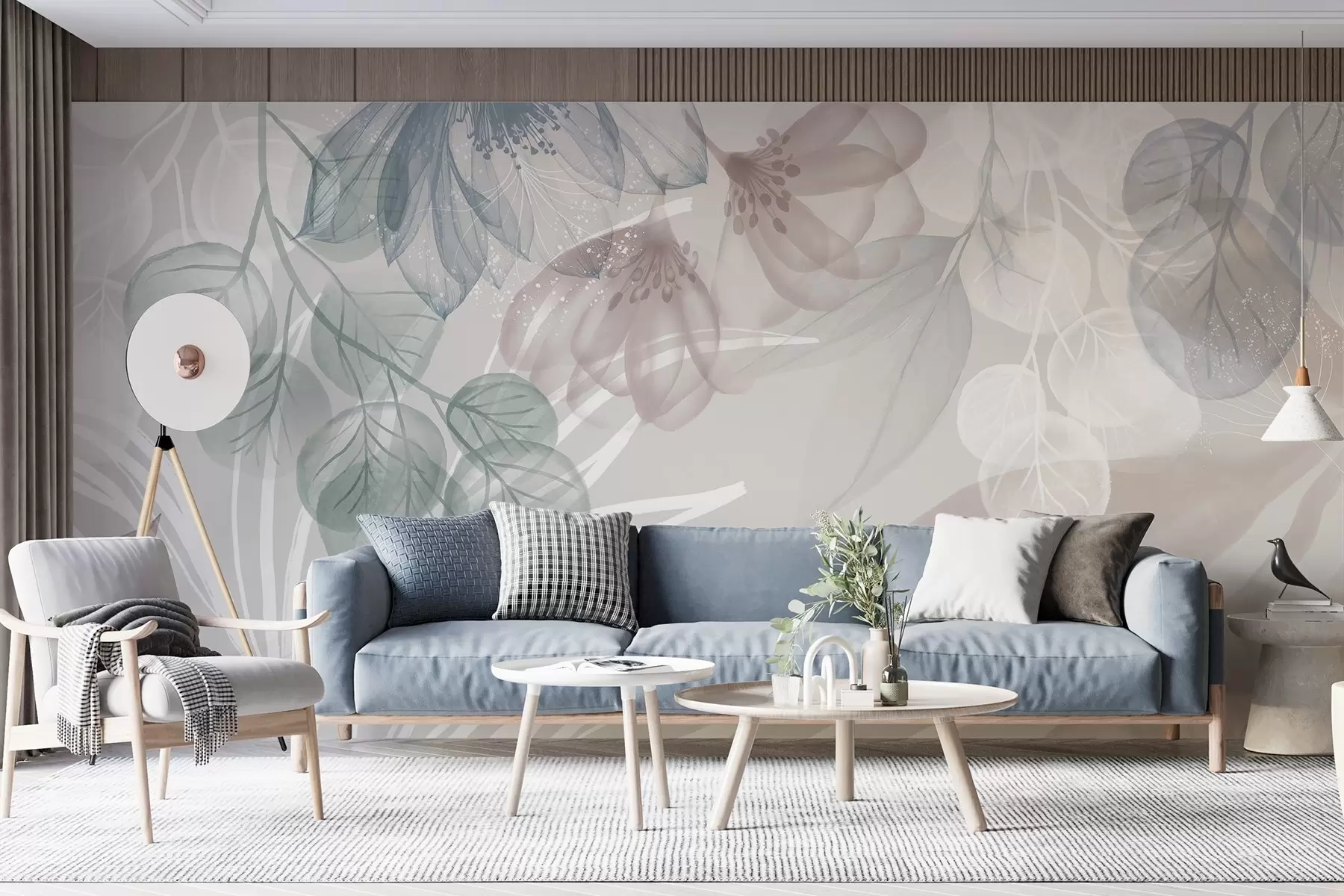 Fototapetes Pasteļkrāsas ziedu apdruka ar caurspīdīgiem lieliem abstraktiem ziediem un lapām pelēkos, rozā un zaļos toņos w08600