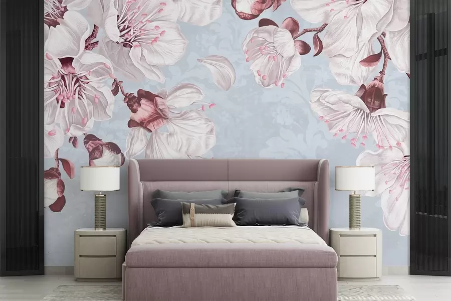 Fototapetes Ziedu apdruka ar lieliem rozā un baltiem ķiršu ziediem uz gaiši zila faktūras fona w08601