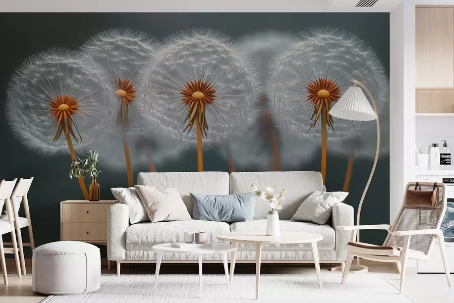 Fototapetes Gaisīgas pienenes uz tumša dabas fona w08498