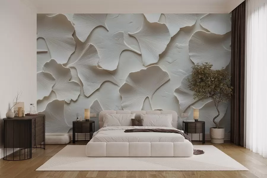 Fototapetes Apmetums ar smalku ginkgo lapu reljefu uz balta fona w08560v1