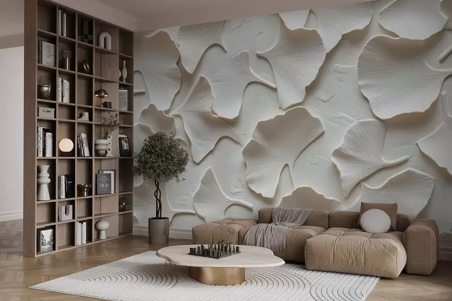 Fototapetes Apmetums ar smalku ginkgo lapu reljefu uz balta fona w08560v1