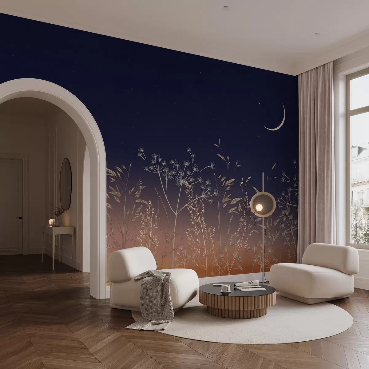 Fototapetes Pienenes ar savvaļas ziediem uz saulrieta fona ar zilām debesīm un mēnesi w08567