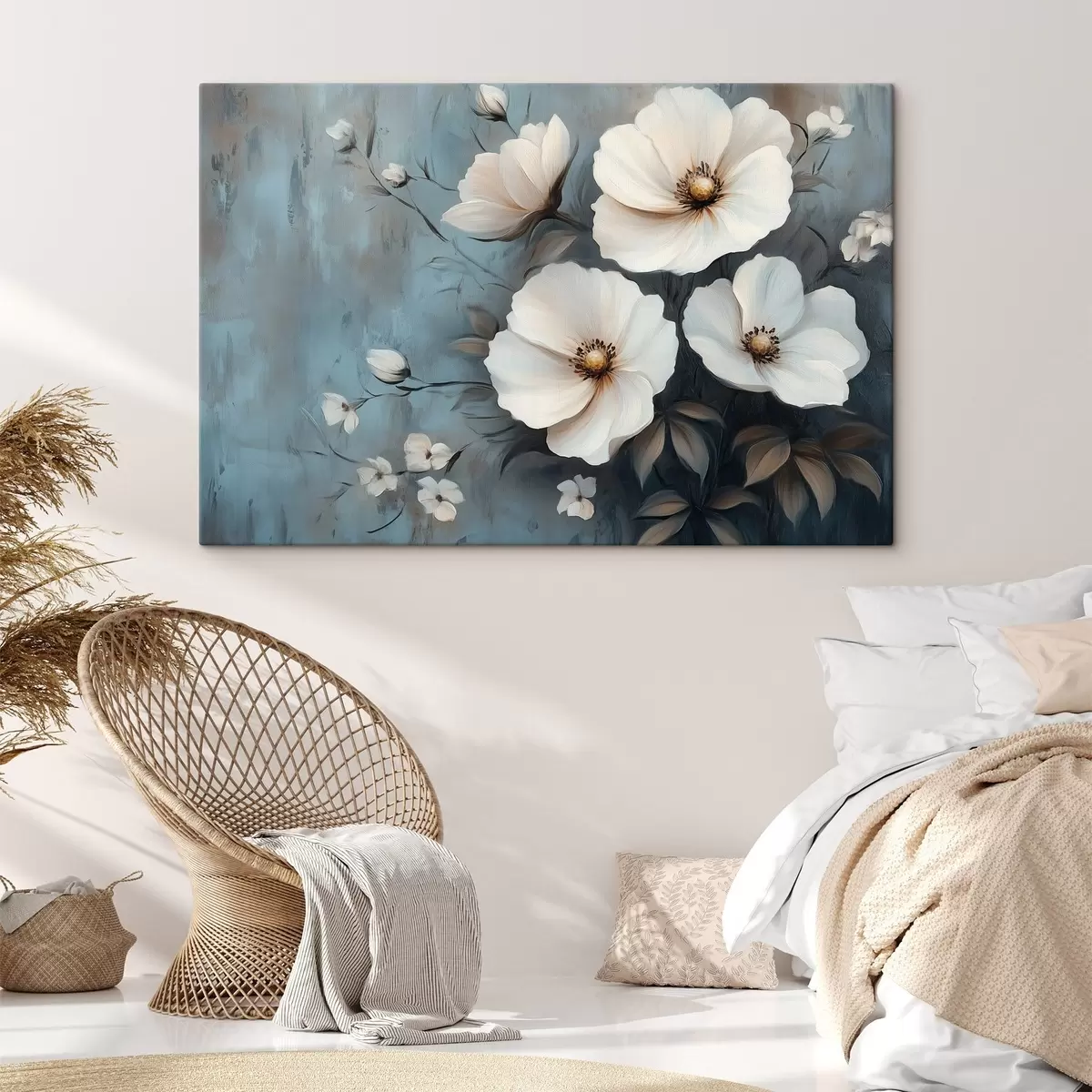 Glezna Balti ziedi uz zila fona s42319
