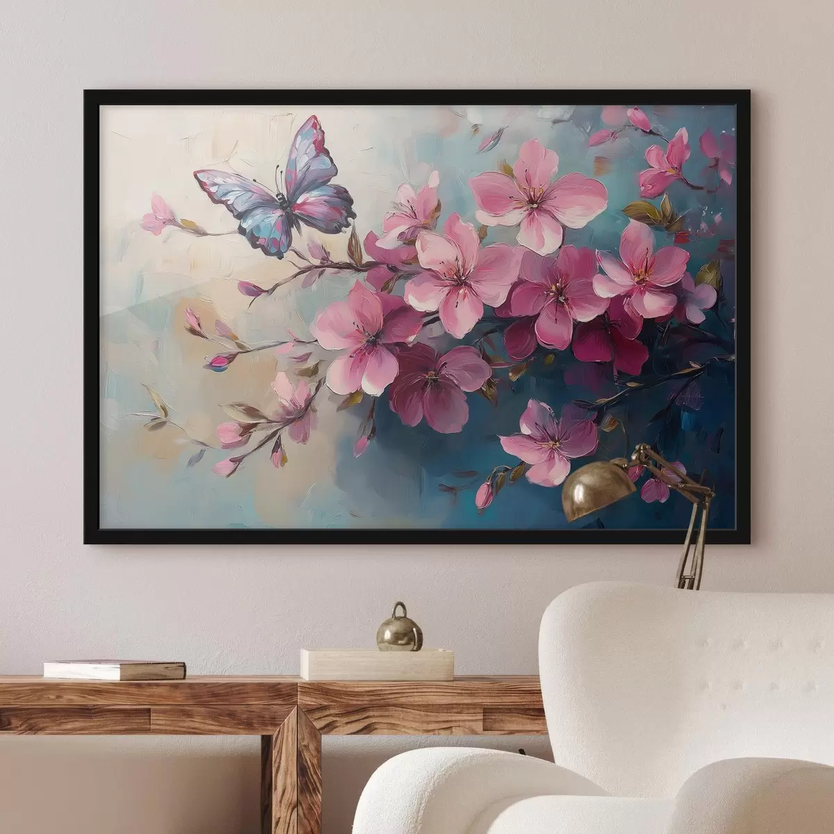 Plakāts Rozā ziedi un tauriņš f42320