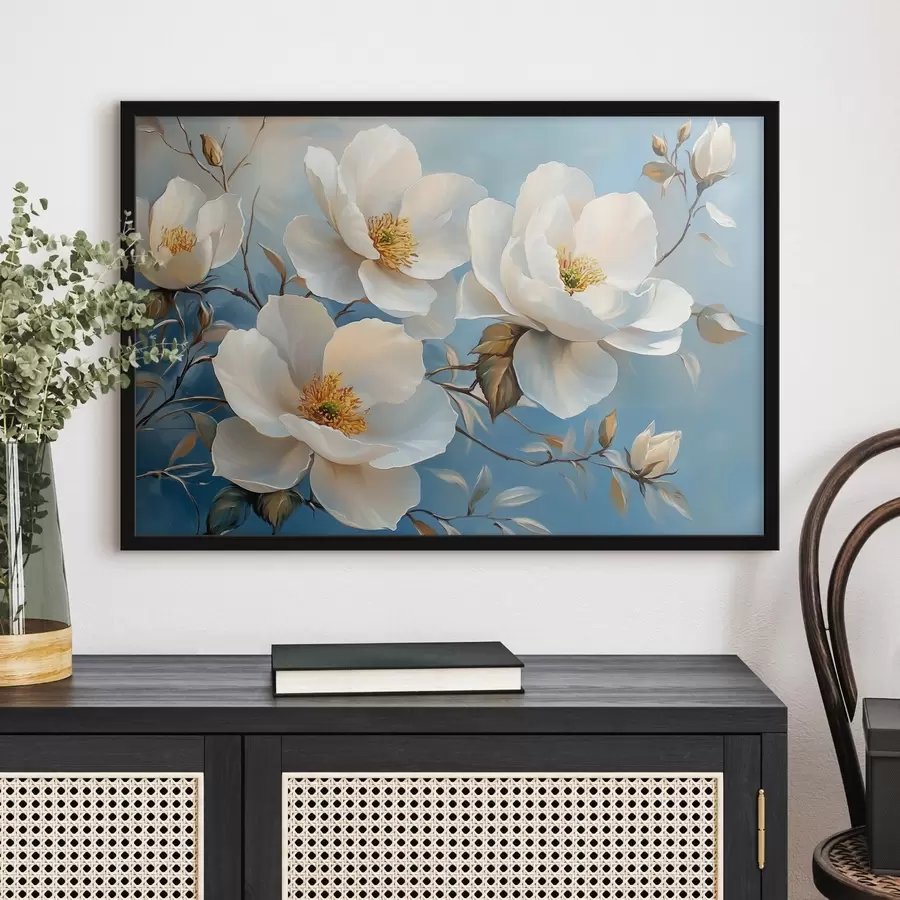 Fototapetes Lieli balti ziedi uz zila fona f42321