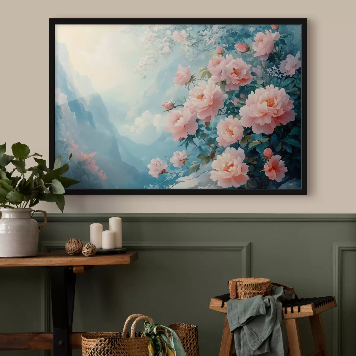 Plakāts Zilie kalni un ziedi priekšplānā f42324