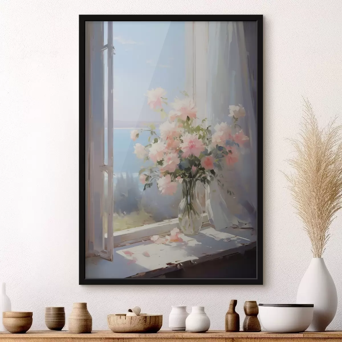 Plakāts Smalku ziedu pušķis stikla vāzē, kas imitē gleznu f42352