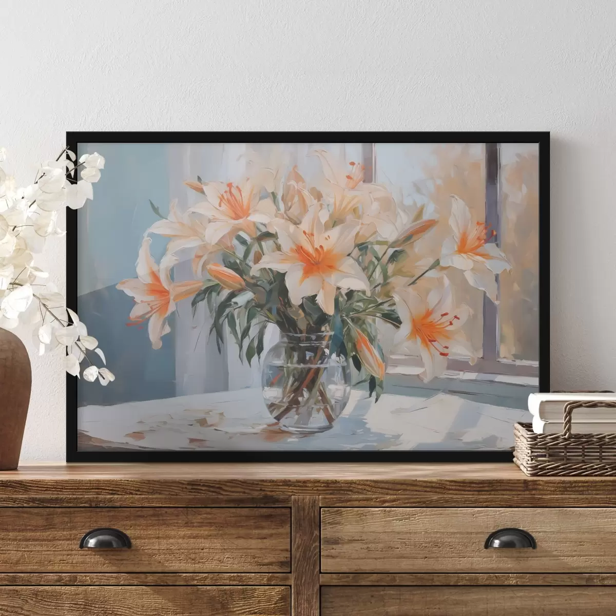 Plakāts Lilijas stikla vāzē, kas imitē glezniecību f42359