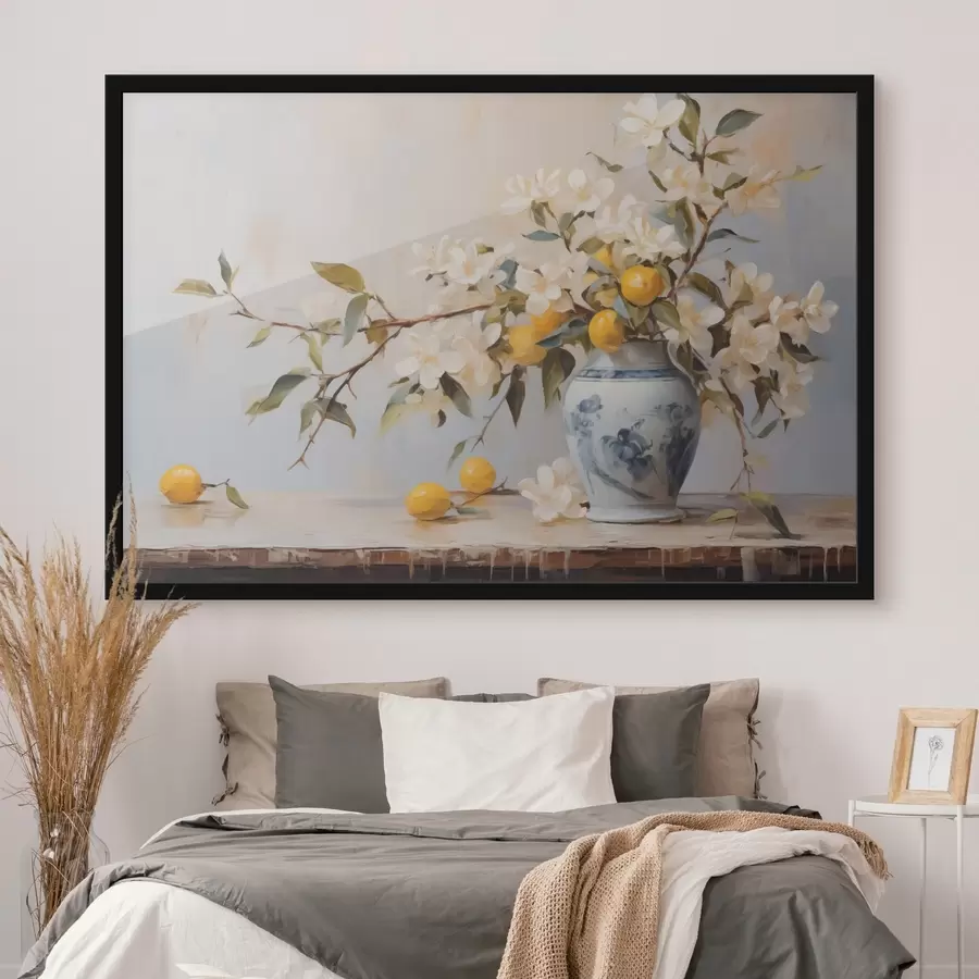 Fototapetes Vāze ar baltu ziedu zariem un citrona imitācijas gleznojumu f42360