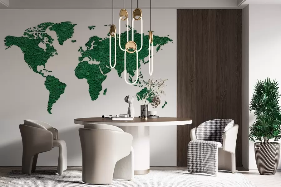 Fototapetes Pasaules karte ar sūnām, dabu, sulīgi zaļu krāsu paleti  w02657v2