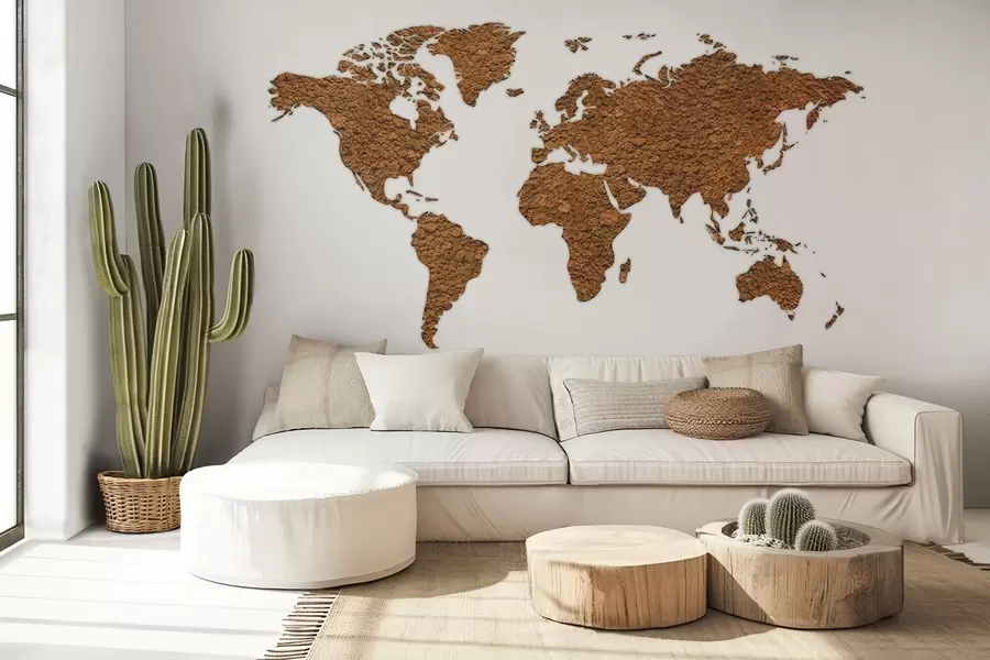 Fototapetes Pasaules karte ar sūnām, dabu, bēša krāsu paleti  w02657v4