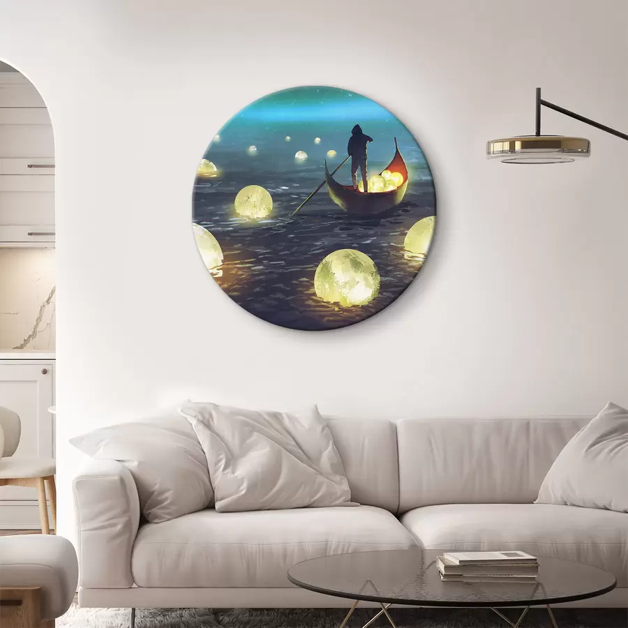 Glezna Cilvēks laivā uz mirdzoša mēness fona r34544