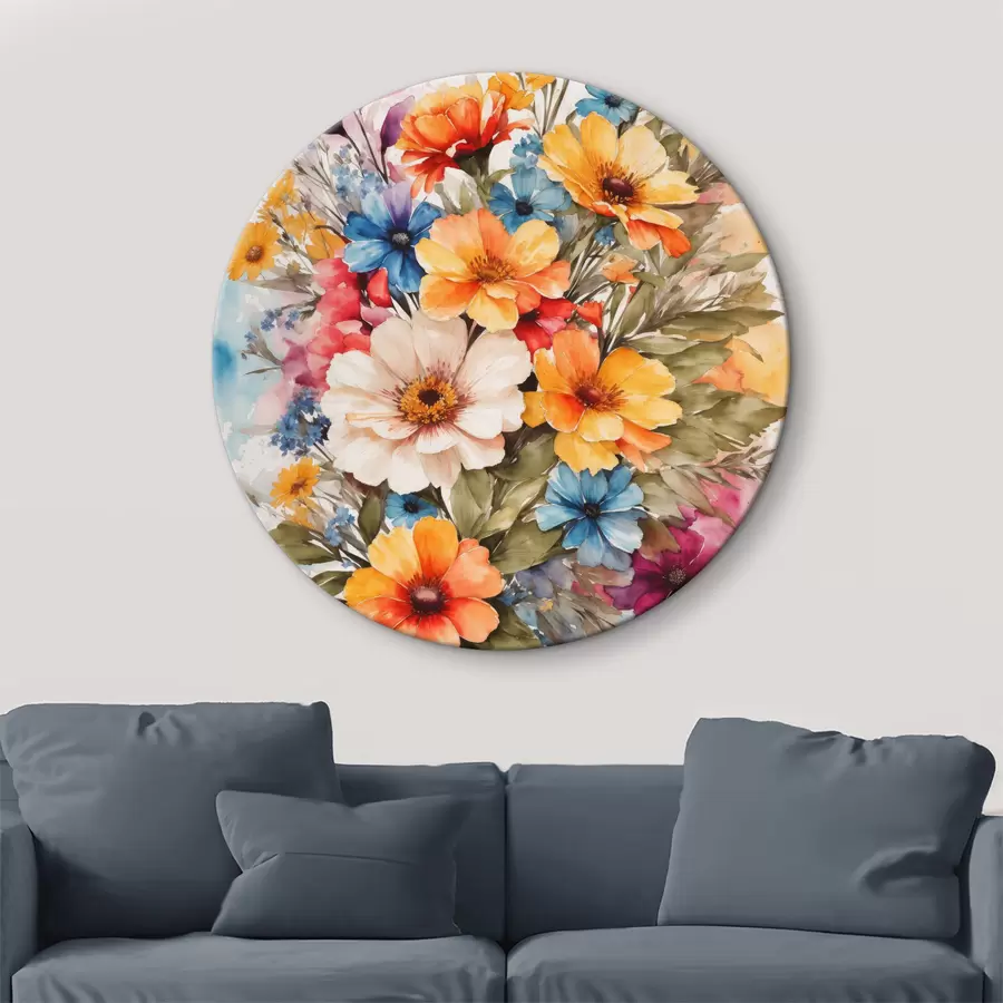 Glezna Akvareļu pušķis no rozā, dzelteniem, ziliem un sarkaniem ziediem r36121