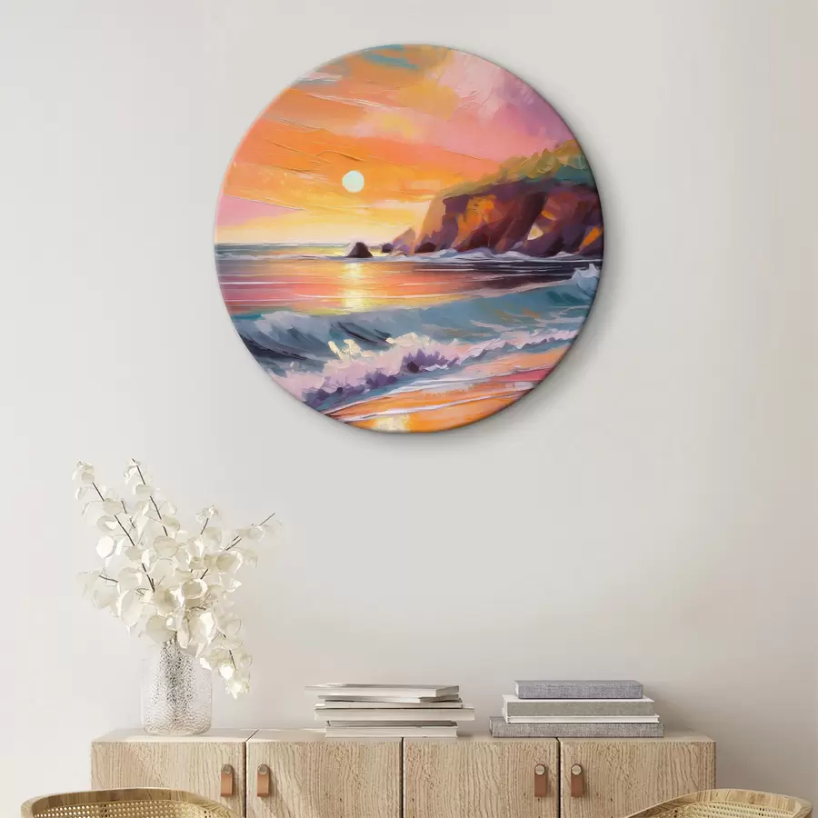 Glezna Saullēkts jūras krastā, jūras viļņi, spilgti triepieni, akrils r36581