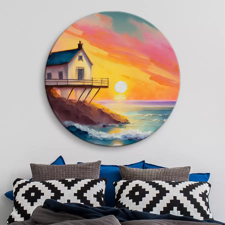 Glezna Piekrastes patvērums, kas peldas rietošās saules staros r36585