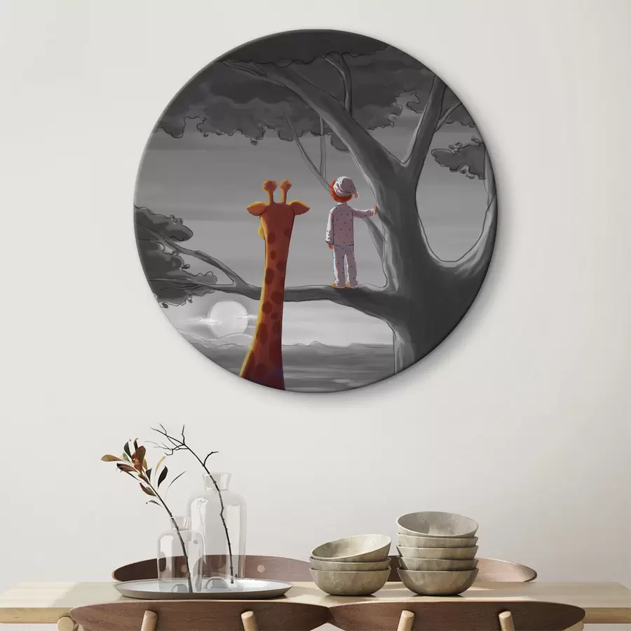 Glezna Žirafe un mazulis stāv uz koka r36700