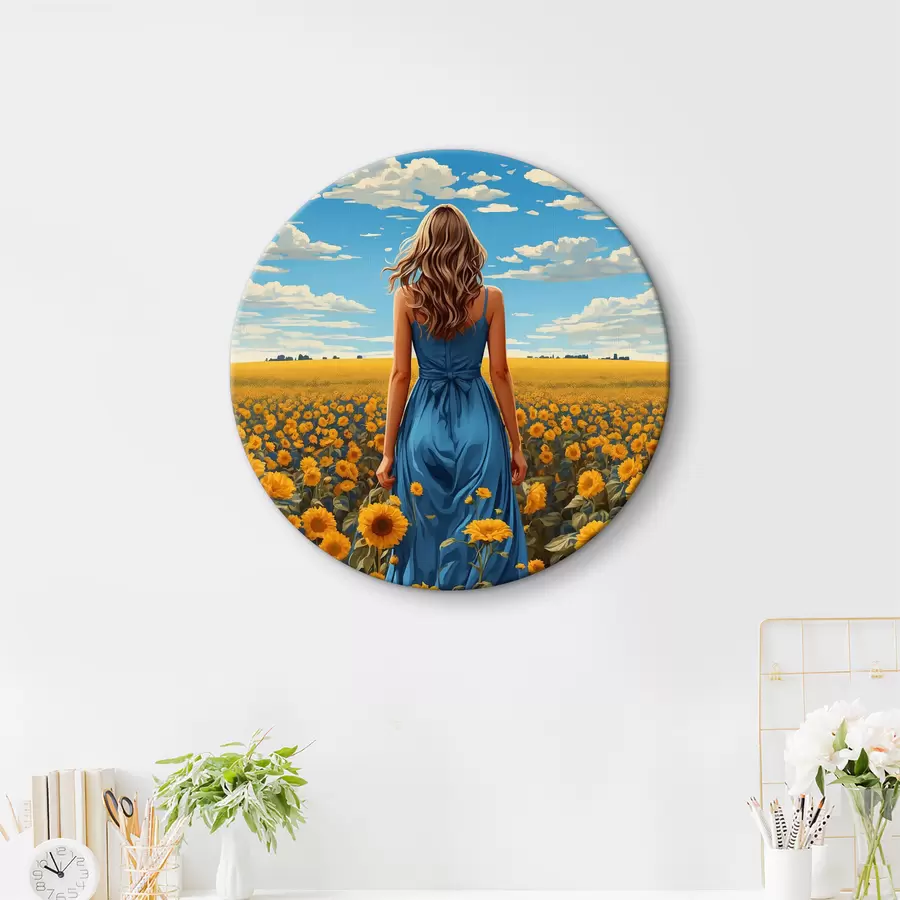 Glezna Sieviete zilā kleitā saulespuķu laukā r37164